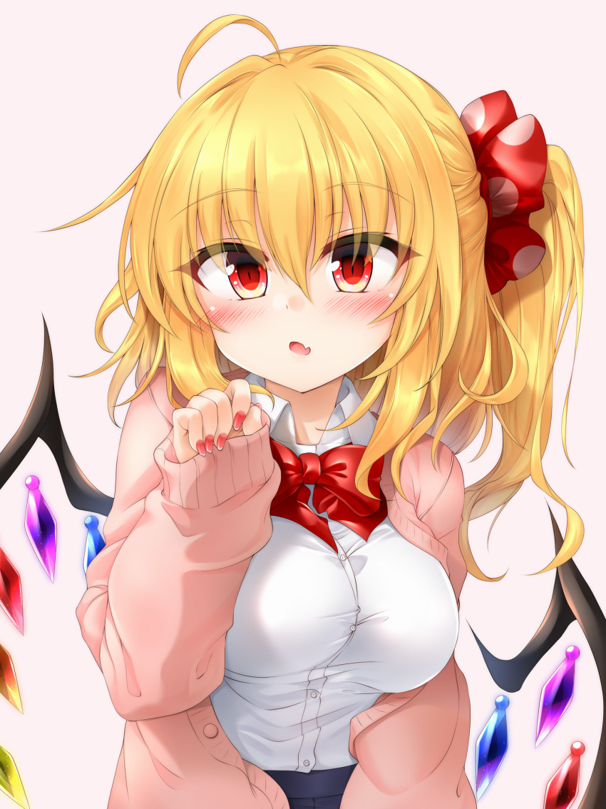 1girl ahoge alternate_costume blonde_hair blush bow bowtie crystal fang flandre_scarlet grey_background hair_between_eyes hand_up highres long_hair looking_at_viewer marukyuu_ameya nail_polish one_side_up open_mouth pink_sweater polka_dot polka_dot_bow red_bow red_bowtie red_eyes red_nails shirt simple_background skin_fang sleeves_past_wrists solo sweater touhou upper_body white_shirt wings