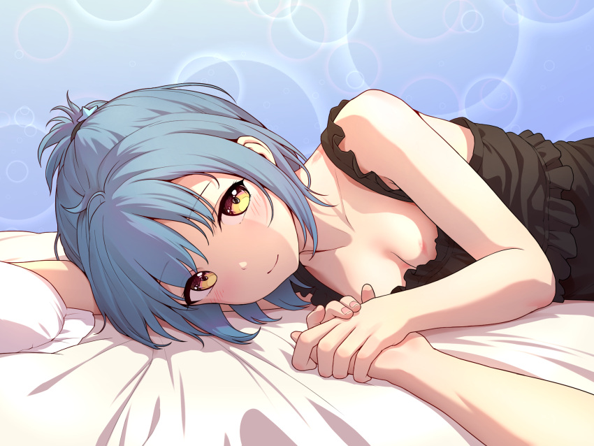 2girls babydoll bare_shoulders bed bed_sheet bedroom black_babydoll blue_hair blush breasts brown_eyes cleavage closed_mouth collarbone frilled_babydoll hair_ornament haori_haruki hickey highres himitsu_(hi_mi_tsu_2) holding_hands indoors lingerie looking_at_viewer lying multiple_girls on_bed on_side original pillow pov pov_hands short_hair short_ponytail smile star_(symbol) star_hair_ornament underwear yuri