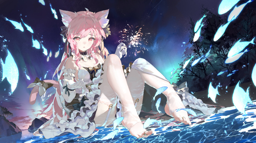 1girl absurdres aerial_fireworks animal_ears aurora bare_shoulders barefoot black_ribbon bodhi_wushushenghua cat_ears cat_tail chinese_commentary commentary_request dress elbow_gloves fireworks frilled_dress frills gloves hair_ribbon highres jewelry legs long_hair looking_at_object night open_mouth original pink_eyes pink_hair ribbon sky stirrup_legwear tail thighhighs thighs toe_ring toeless_legwear toes white_gloves white_thighhighs