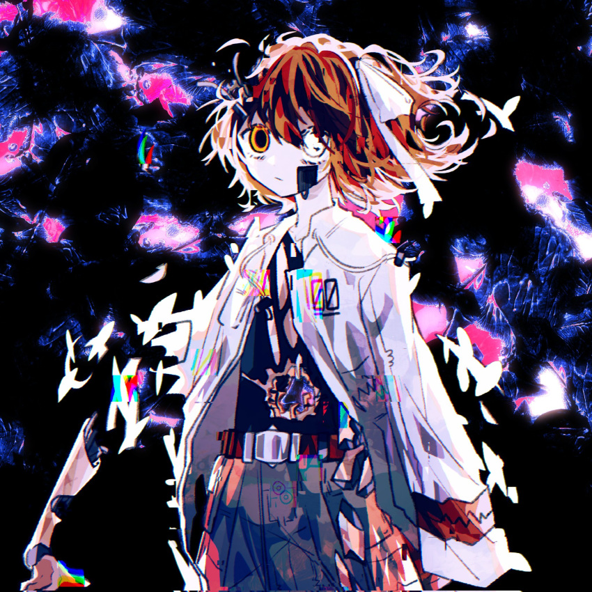 1girl :/ a.i._voice abstract_background adachi_rei amputee android belt black_shirt blank_stare brown_belt closed_mouth corrupted_twitter_file damaged drawstring empty_eyes expressionless floating_hair glitch grey_skirt hair_ribbon heterochromia highres jacket looking_at_viewer mechanical_parts medium_hair open_clothes open_jacket orange_eyes orange_hair pleated_skirt ribbon severed_arm severed_limb shirt shirt_tucked_in skirt solo torn_clothes torn_shirt utau white_eyes white_jacket white_ribbon zer0h
