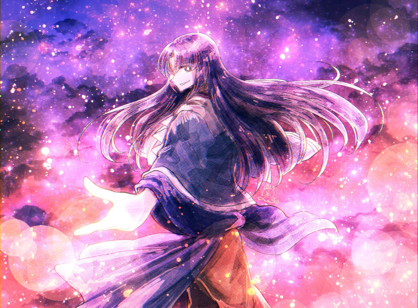 1other androgynous ascot blue_coat brown_pants clause coat from_behind highres len'en long_hair long_sleeves looking_at_viewer looking_back open_mouth other_focus outstretched_arms pants purple_eyes purple_hair smile space star_(sky) teeth white_ascot wide_sleeves yukkyon_kyon