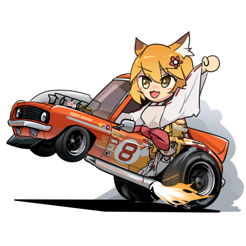 1girl absurdres animal_ear_fluff apron brown_apron brown_eyes car chibi driving engine english_commentary fire highres holeecrab itasha japanese_clothes kimono motor_vehicle muscle_car open_mouth orange_hair race_vehicle racecar senko_(sewayaki_kitsune_no_senko-san) sewayaki_kitsune_no_senko-san shadow smile smoke solo vehicle_focus vehicle_request wheelie white_background white_kimono wide_sleeves