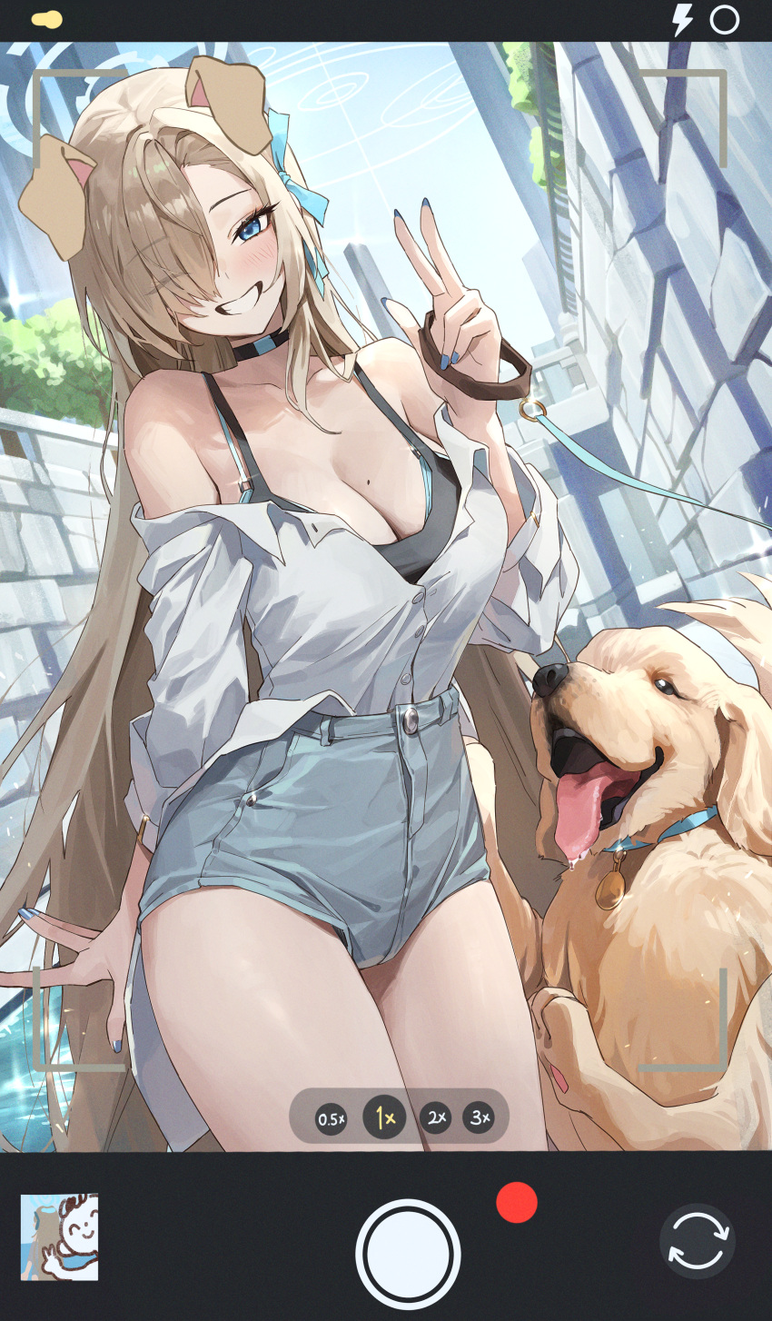 1girl absurdres alternate_costume arona's_sensei_doodle_(blue_archive) asuna_(blue_archive) blue_archive blue_eyes blue_ribbon blush breasts cellphone_picture dog golden_retriever grin hair_over_one_eye hair_ribbon halo highres large_breasts light_brown_hair long_hair looking_at_viewer netural ribbon sensei_(blue_archive) smile very_long_hair