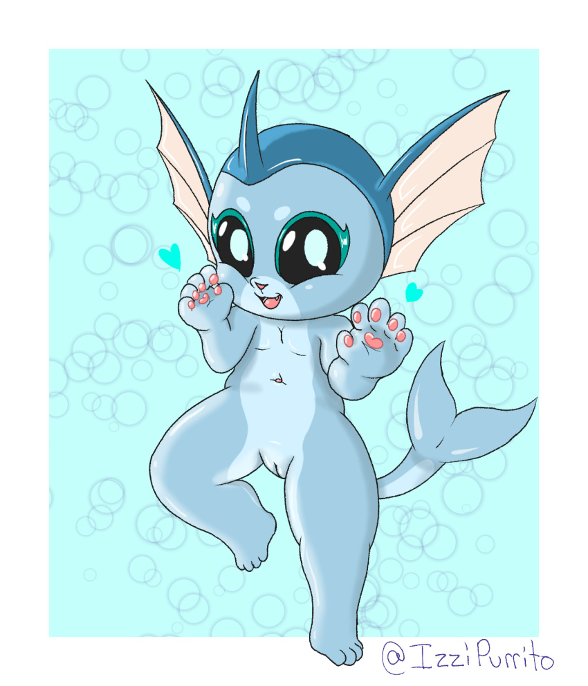 &lt;3 anthro black_sclera blue_body bubble daww eeveelution female fin generation_1_pokemon genitals hi_res horn humanoid izzipurrito looking_at_viewer navel nintendo pawpads paws pokemon pokemon_(species) pupils pussy raised_leg simple_background solo tagme tail vaporeon white_pupils young