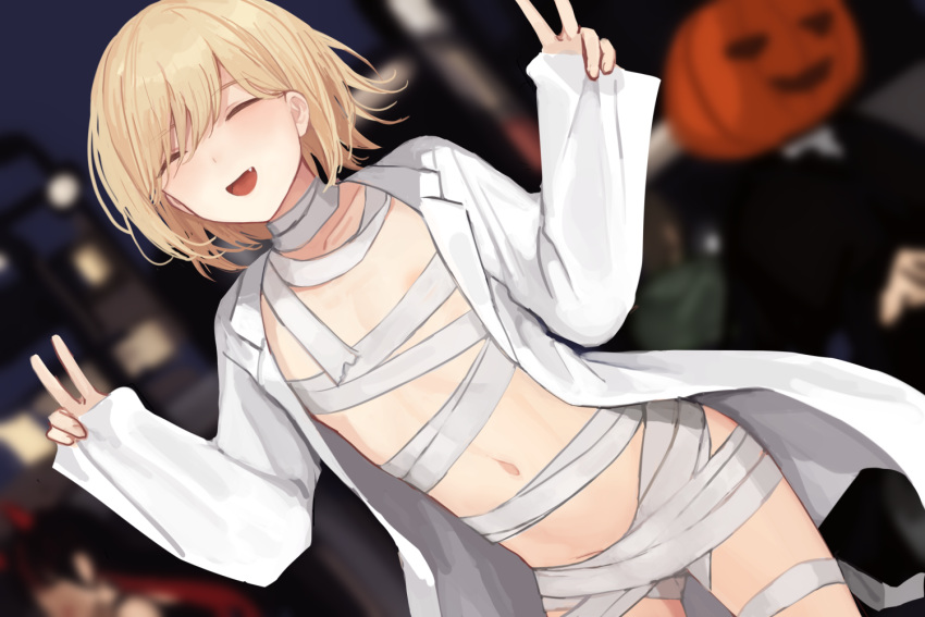1boy 2others :d ^_^ areola_slip bandages blonde-haired_boy_(sunaba_(nczd5875)) blonde_hair blurry blush closed_eyes coat collarbone depth_of_field double_v fang halloween halloween_costume jack-o'-lantern_head lab_coat male_focus multiple_others naked_bandage navel open_clothes open_coat open_mouth original otoko_no_ko short_hair smile solo_focus sunaba_(nczd5875) v
