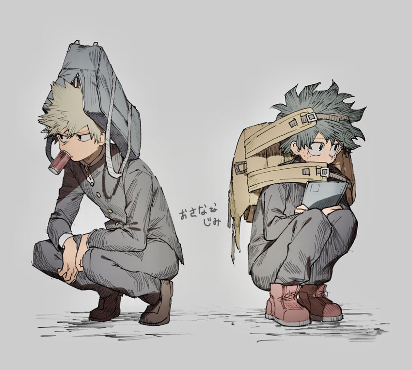 2boys aged_down alternate_eye_color anohenn arms_on_knees backpack bag bag_on_head bakugou_katsuki between_legs black_eyes blonde_hair boku_no_hero_academia book book_hug brown_footwear buttons can commentary_request covered_mouth cross-laced_footwear curly_hair dress_shoes freckles full_body gakuran green_hair grey_background grey_bag grey_jacket grey_pants hair_between_eyes hand_between_legs highres holding holding_book jacket leaning_forward long_sleeves looking_away looking_to_the_side male_focus midoriya_izuku mouth_hold multiple_boys muted_color notebook object_hug open_bag pants red_footwear school_uniform shirt short_hair sideways_glance simple_background slav_squatting spiked_hair squatting strap white_shirt zipper_pull_tab