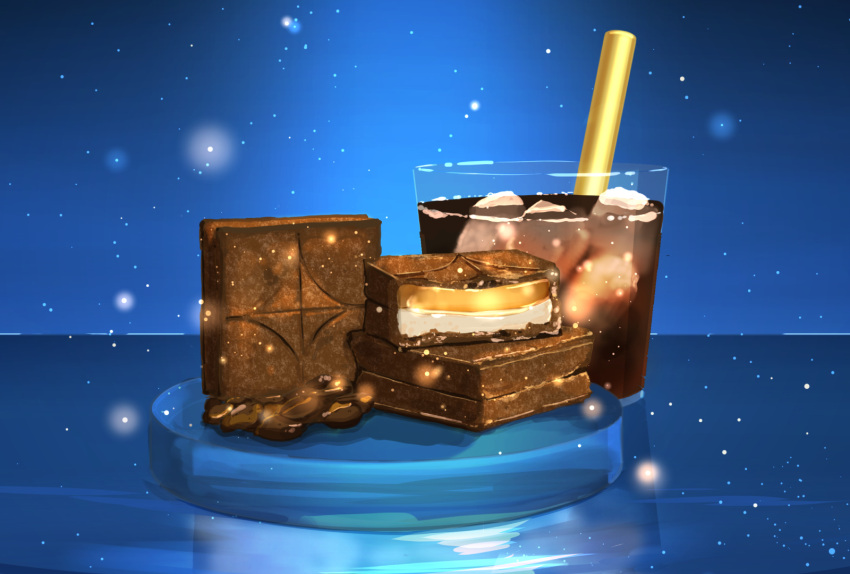 blue_background candy caramel chocolate chocolate_bar cup drink drinking_glass drinking_straw food food_focus highres ice ice_cube light_particles magarin_(udeden) no_humans original plate simple_background still_life sweets