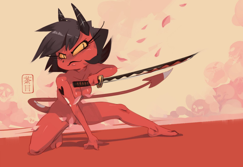 2023 action_pose black_hair breasts cherry_blossom collarbone convenient_censorship edtropolis eyelashes feet female hair helluva_boss hi_res horn humanoid imp katana leaf medium_breasts melee_weapon millie_(helluva_boss) not_furry nude plant pose pupils red_body red_skin short_hair slit_pupils solo spade_tail sword tail weapon yellow_sclera