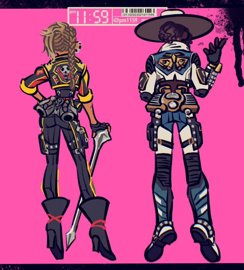 1boy 1girl aces_high_seer apex_legends artist_name barcode black_footwear black_gloves black_jacket black_pants boots braid breaking_the_law_loba brown_hair cane fingerless_gloves from_behind gloves high_heel_boots high_heels highres jacket letterboxed loba_(apex_legends) official_alternate_costume pants pink_background pm11:19 ponytail seer_(apex_legends) side_braid twitter_username white_footwear white_headwear white_jacket white_pants