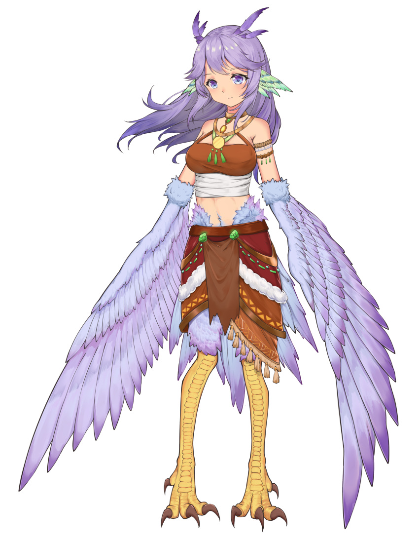 1girl absurdres animal_ears bare_shoulders bird_ears bird_legs bird_tail blush breasts commentary_request da_zhizhu feathered_wings feathers full_body green_feathers harpy highres long_hair medium_breasts midriff monster_girl original purple_eyes purple_hair purple_wings simple_background skirt solo tail talons white_background winged_arms wings