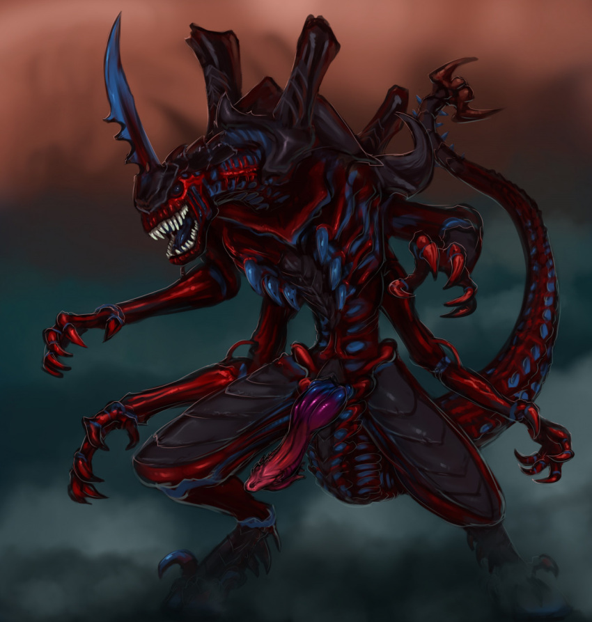 4_arms alien angry big_penis blue_markings blurred_background claws colored detailed digitigrade erection exoskeleton genitals gradient_penis hi_res horn long_penis long_tail male markings monster multi_arm multi_limb penis red_body semi-anthro sephrendemon shaded sharp_teeth smoke solo spiked_tail spikes spikes_(anatomy) tail teeth tyranid unusual_anatomy unusual_genitalia unusual_penis warhammer_(franchise) warhammer_40000