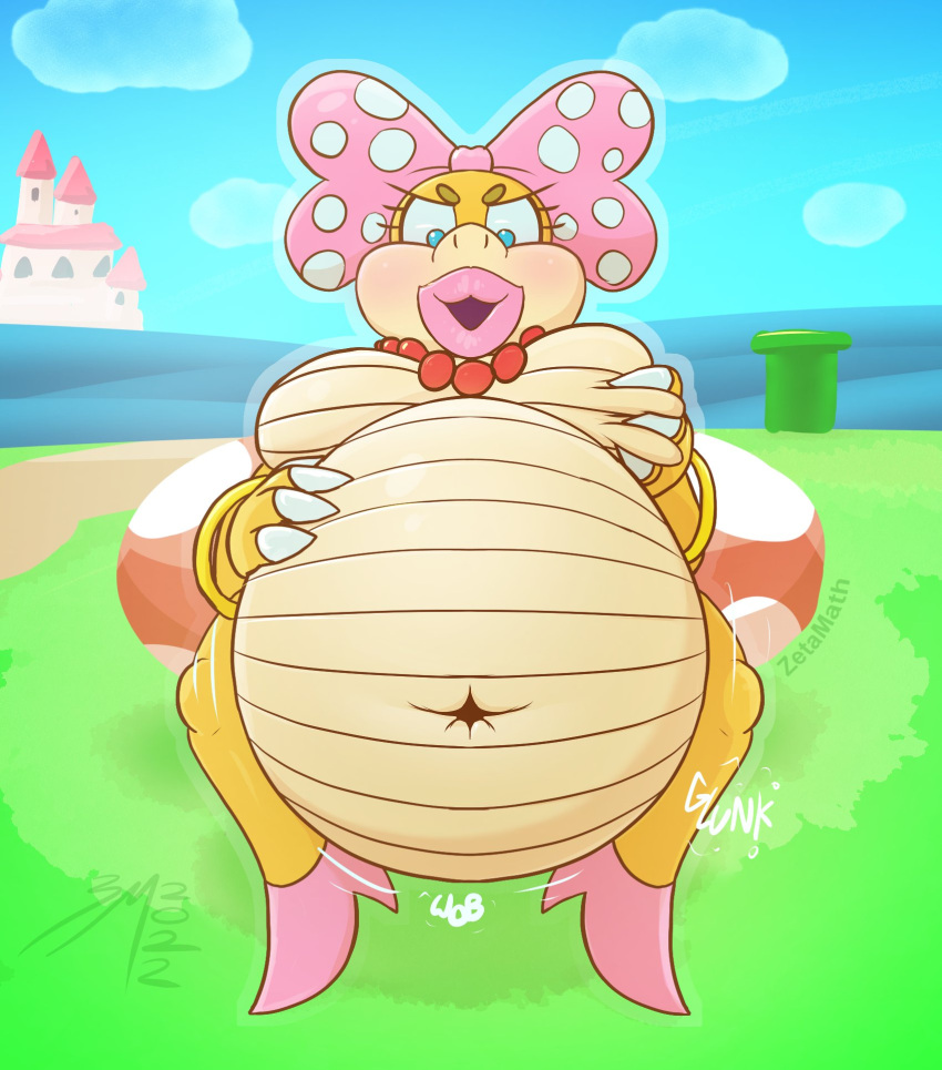 accessory belly_rub bow_ribbon breast_squish breasts castle clothing deep_navel female footwear fungus hair_accessory hair_bow hair_ribbon hand_on_breast hand_on_stomach hi_res high_heels huge_belly huge_lips impressed jewelry koopa koopaling lips mario_bros mushroom navel necklace nintendo overweight overweight_female pink_bow pink_clothing pink_footwear pink_lips pink_shoes pipe red_jewelry red_necklace ribbons ring rumbling_stomach scalie shoes sitting sloshing_belly solo squish wendy_o._koopa yellow_body zetamath