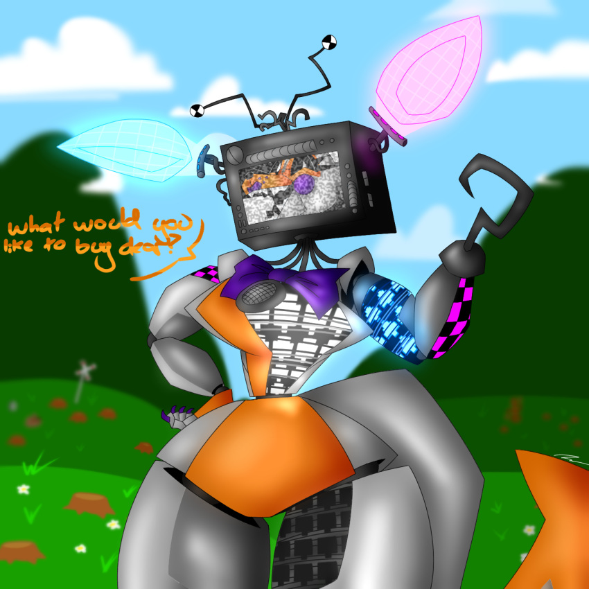 animatronic big_breasts bow_tie breasts canid canine female five_nights_at_freddy's five_nights_at_freddy's_world fox fox_tail hi_res hologram holographic_ears hook hook_hand humanoid lolbit_(fnaf) machine mammal passiona_roo robot scottgames sister_location small_waist solo television thick_thighs wide_hips