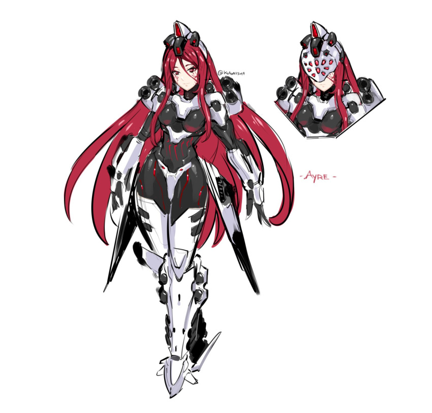 1girl armored_core armored_core_6 artist_name assault_visor ayre_(armored_core_6) breasts full_body highres inset kubaushi light_smile long_hair mecha_musume medium_breasts original personification red_eyes red_hair rocket_launcher solo very_long_hair weapon