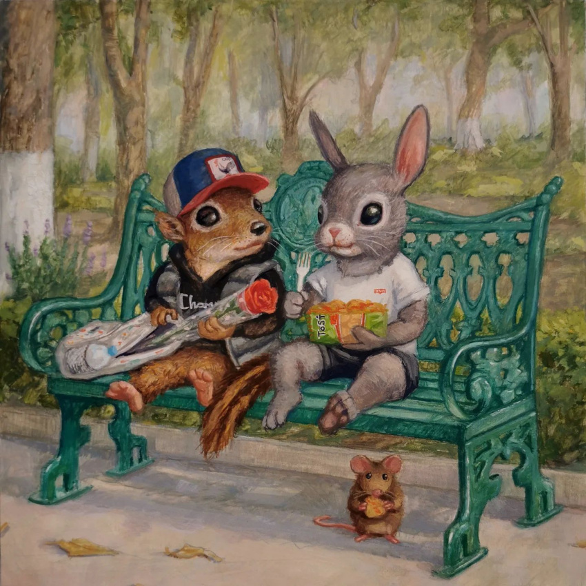 2023 anthro backpack bench biped bottomwear brown_body brown_fur chipmunk clothing day detailed_background eating flower fur glistening glistening_eyes gouache_(artwork) grey_body grey_fur ground_squirrel group hi_res hoodie joaquincarre lagomorph leporid mammal mouse murid murine outside painting_(artwork) plant rabbit rodent sciurid shaded shirt shorts sitting tail topwear traditional_media_(artwork)