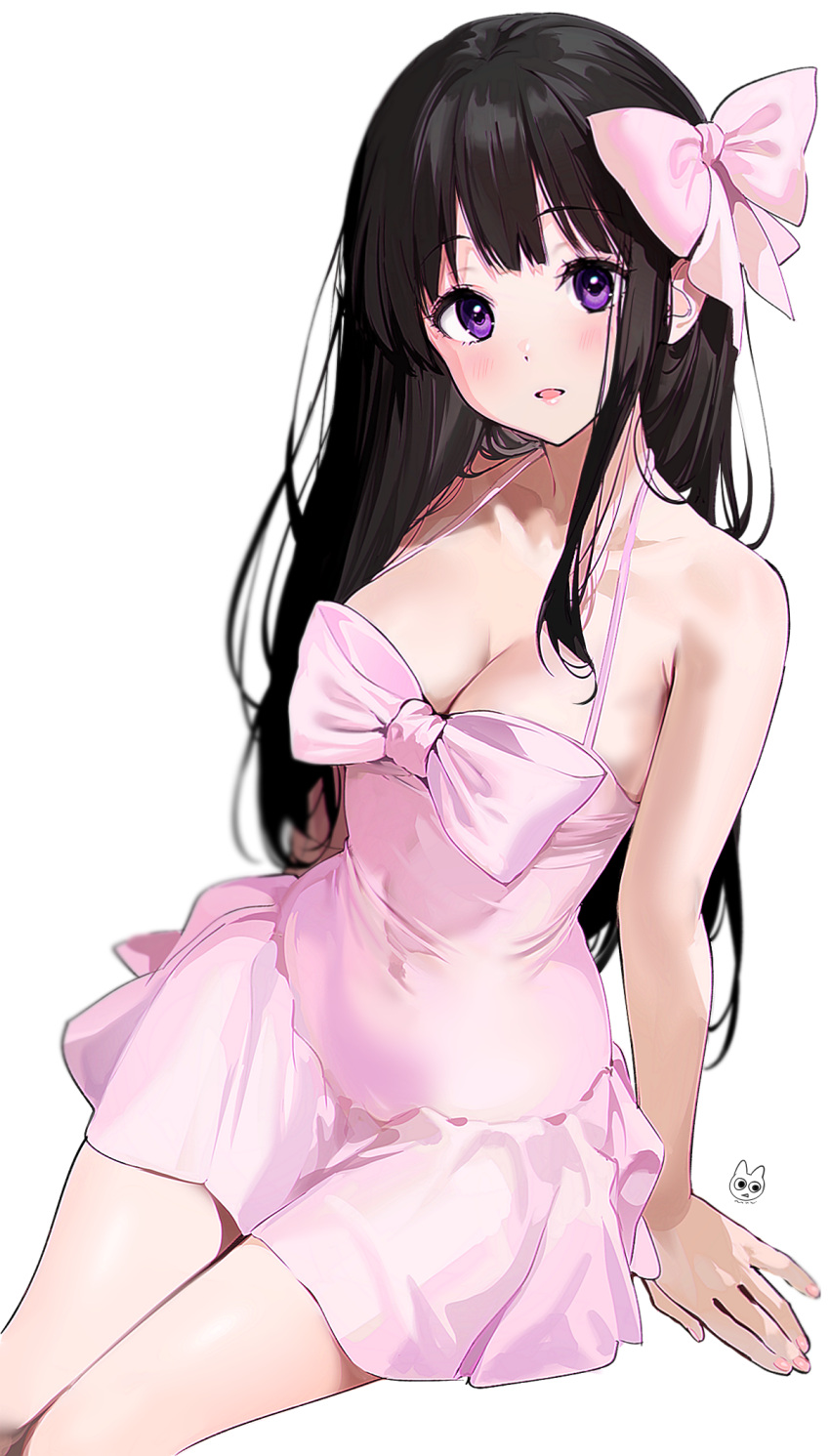 1girl artist_logo black_hair blush bow breasts chitanda_eru cleavage dress dress_bow hair_bow highres hyouka kyoto_animation mery_(yangmalgage) navel open_mouth pink_dress purple_eyes simple_background solo thighs white_background