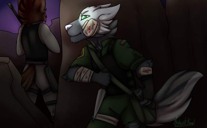 2021 anthro archivist-kayl bag band-aid bandage bow_(bowhuskers) bulletproof_vest canid canine canis clothing detailed_background fur green_eyes grey_body grey_fur knife male mammal solo topwear vest wolf