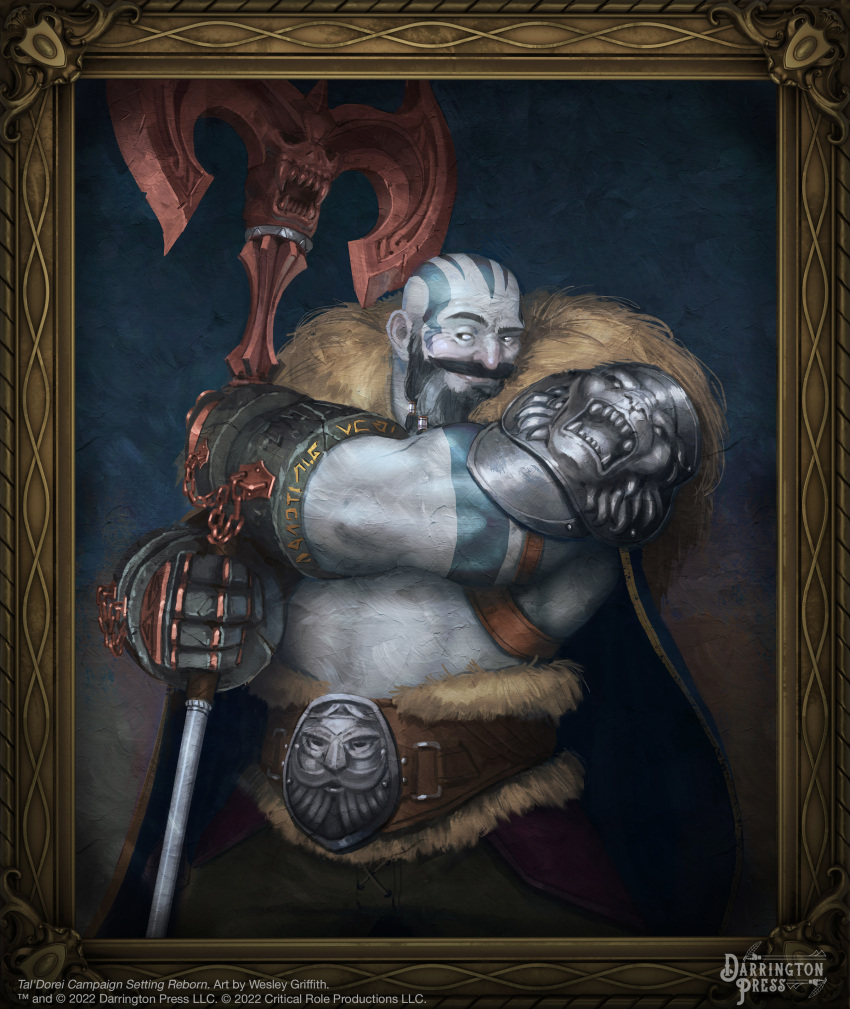 1boy abs absurdres alternate_costume armor axe bald battle_axe beard belt blue_skin bulge cape colored_skin cowboy_shot critical_role facial_hair fur-trimmed_cape fur_trim gauntlets grog_strongjaw head_tattoo highres leather male_focus mature_male muscular muscular_male mustache navel navel_hair official_art pauldrons second-party_source shoulder_armor single_pauldron smirk solo the_legend_of_vox_machina thick_eyebrows topless_male weapon wesley_griffith