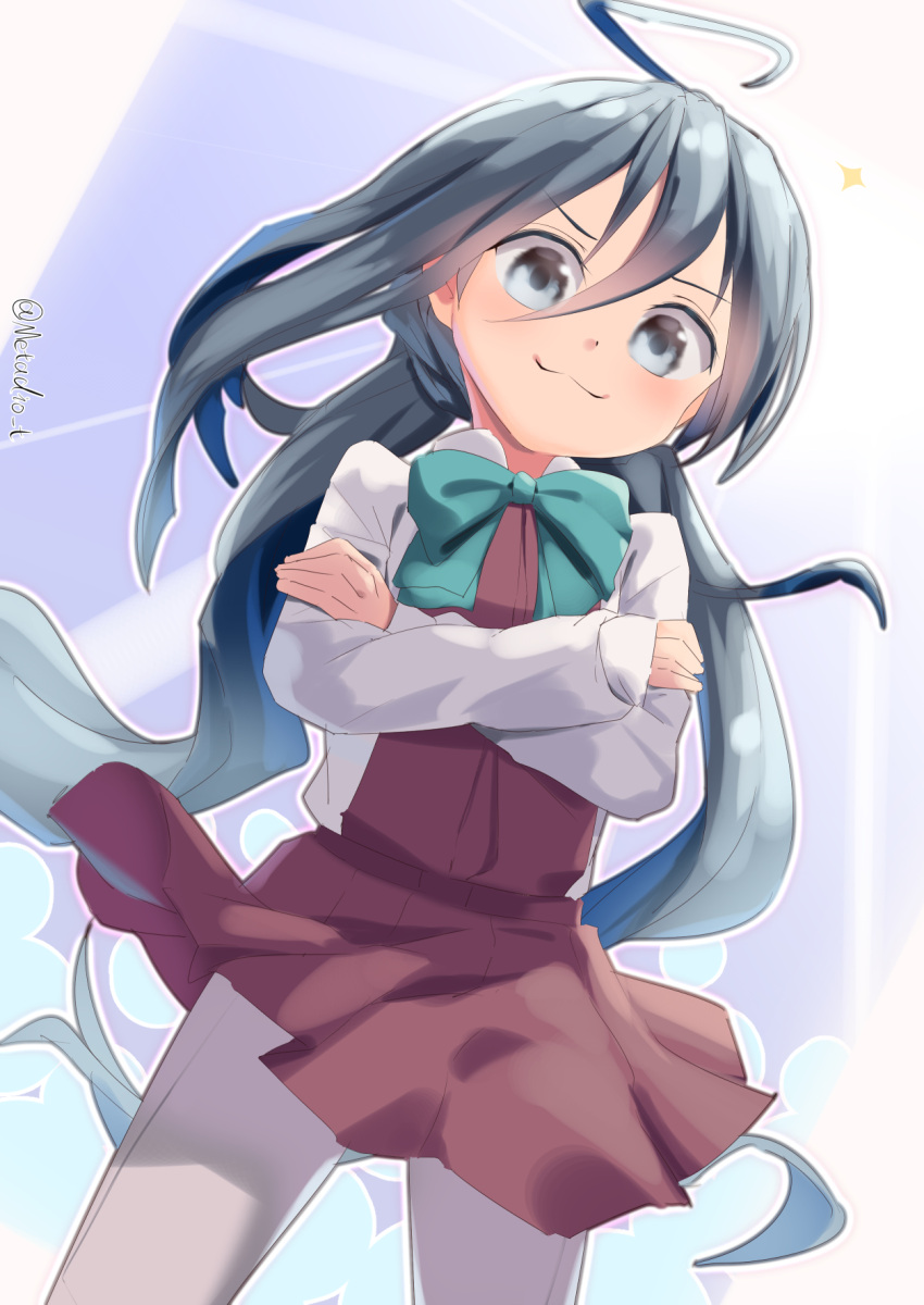 1girl ahoge aqua_bow aqua_bowtie bow bowtie collared_shirt cowboy_shot crossed_arms dress dress_shirt from_below grey_eyes grey_hair grey_pantyhose hair_between_eyes hair_bun halter_dress halterneck highres kantai_collection kiyoshimo_(kancolle) long_hair looking_at_viewer low_twintails metadio pantyhose purple_dress shirt single_hair_bun smile solo twintails very_long_hair white_shirt