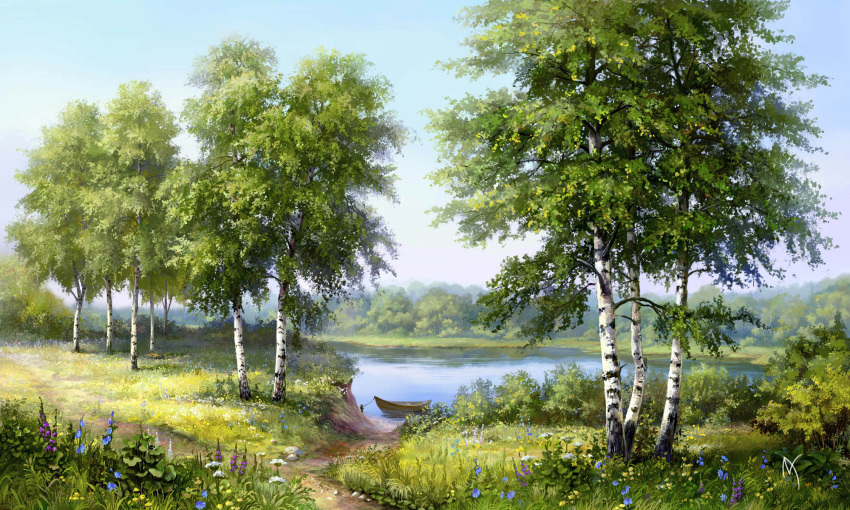 anna-lakisova birch blue_flower blue_sky boat commentary day english_commentary flower grass highres lake landscape no_humans original outdoors path purple_flower signature sky tree water watercraft