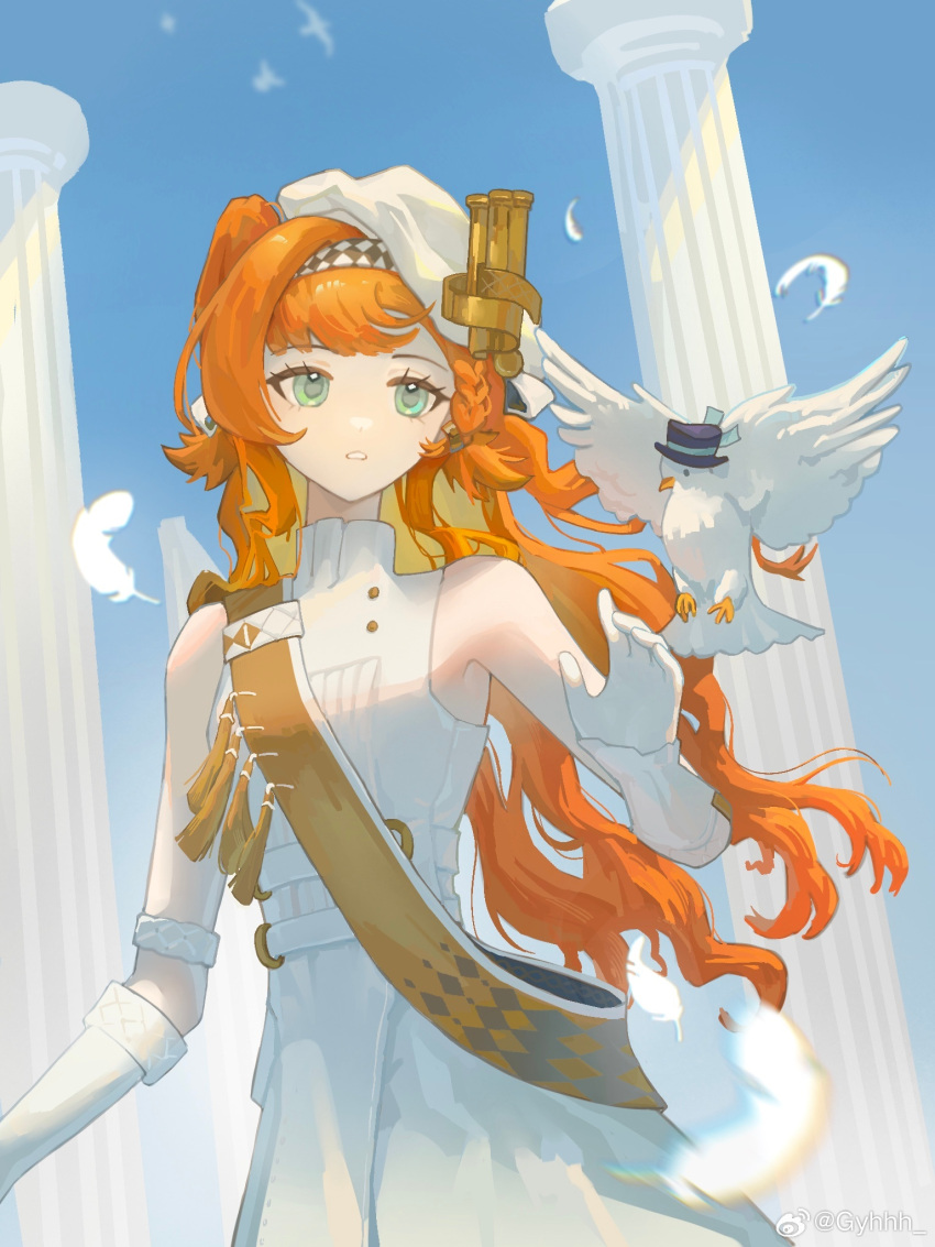 1girl :o bare_shoulders beret bird blue_background blue_sky boater_hat braided_sidelock checkered_hairband column dove dress feathers gloves gradient_background green_eyes gyhhh hand_up hat highres long_hair looking_afar orange_hair parted_lips pillar reverse:1999 sash shoulder_sash sky sleeveless sleeveless_dress solo sonetto_(reverse:1999) tassel tilted_headwear two_side_up upper_body weibo_logo weibo_username white_dress white_feathers white_gloves white_headwear yellow_sash