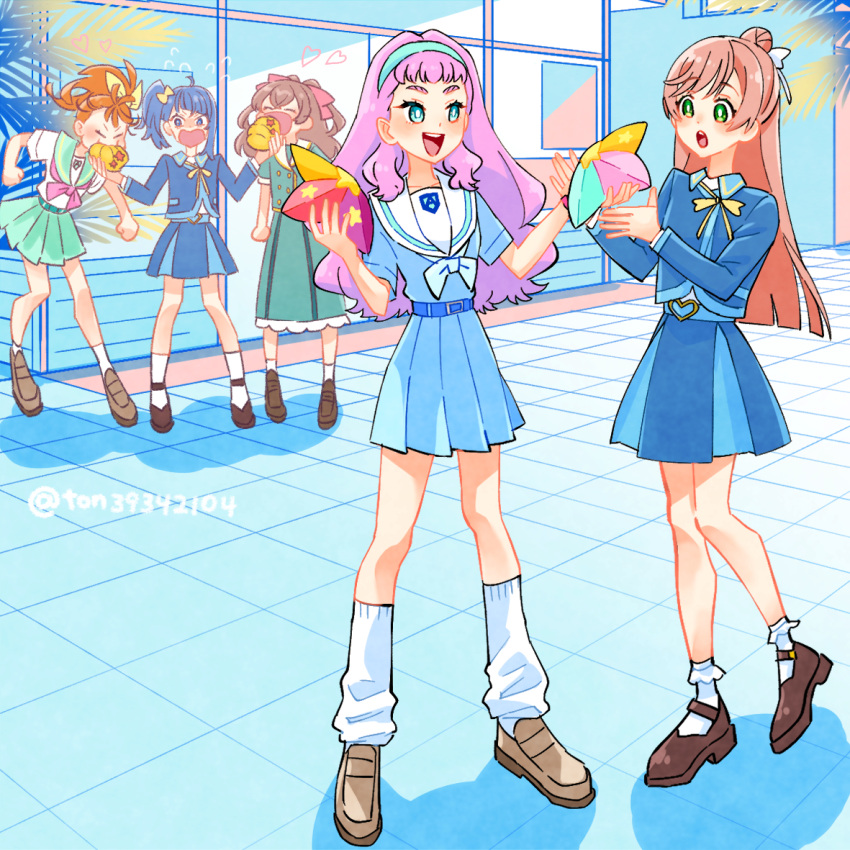 5girls :d aozora_middle_school_uniform belt black_footwear blue_belt blue_eyes blue_hair blue_hairband blue_jacket blue_shirt blue_skirt bobby_socks bread bright_pupils brown_footwear brown_hair collared_shirt commentary cut_bangs day delicious_party_precure eating flying_sweatdrops food frown giving green_eyes green_sailor_collar green_skirt hair_bun hair_pulled_back hair_ribbon hairband heart hirogaru_sky!_precure holding holding_food jacket laura_la_mer loafers long_sleeves looking_at_another loose_socks mary_janes medium_hair medium_skirt miniskirt monster_rally multiple_girls nagomi_yui natsuumi_manatsu neck_ribbon neckerchief nijigaoka_mashiro open_mouth outdoors pink_hair pink_neckerchief pleated_skirt precure purple_hair red_ribbon ribbon sailor_collar school_uniform series_connection shadow shinsen_middle_school_uniform shirt shoes shop short_sleeves side_ponytail single_hair_bun skirt smile socks sora_harewataru sorashido_academy_school_uniform standing tropical-rouge!_precure twitter_username two_side_up white_neckerchief white_pupils white_sailor_collar white_shirt white_socks wing_collar yellow_ribbon