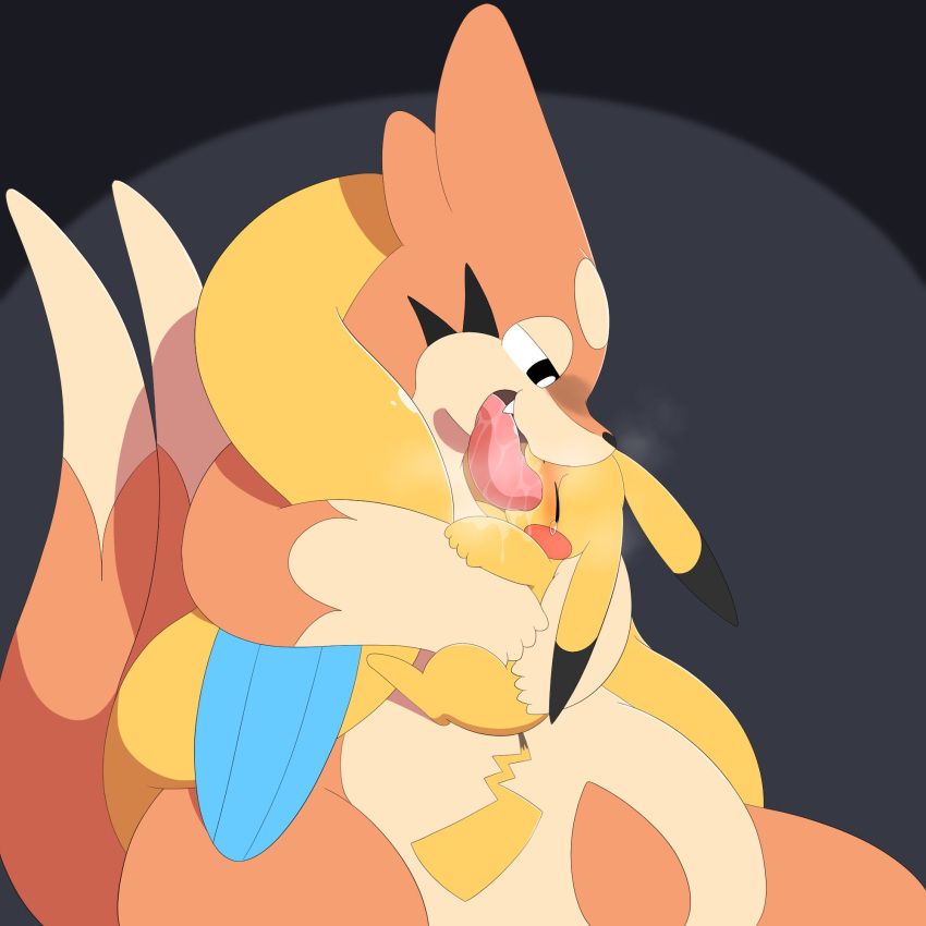 1:1 2023 2_tails biped black_ear_tips black_markings blue_fins blush bodily_fluids cute_fangs dripping duo eyes_closed fingers floatzel generation_1_pokemon generation_4_pokemon hi_res markings multi_tail multicolored_body nintendo open_mouth orange_body orange_tail parupoke pikachu pokemon pokemon_(species) red_cheekdots saliva saliva_drip saliva_on_tongue simple_background tail tears tongue tongue_in_mouth tongue_out yellow_body yellow_ears yellow_tail