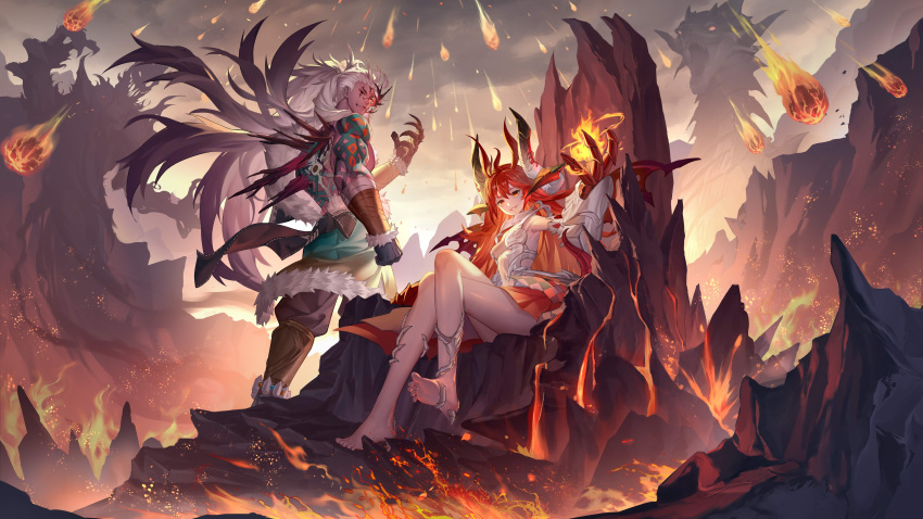 1boy 1girl absurdres archeland bare_legs barefoot breasts crossed_legs fire fireball highres holding horns long_hair meteor_shower molten_rock outdoors pointy_ears red_eyes red_hair sitting standing throne weapon white_hair wings xiaoguolidun