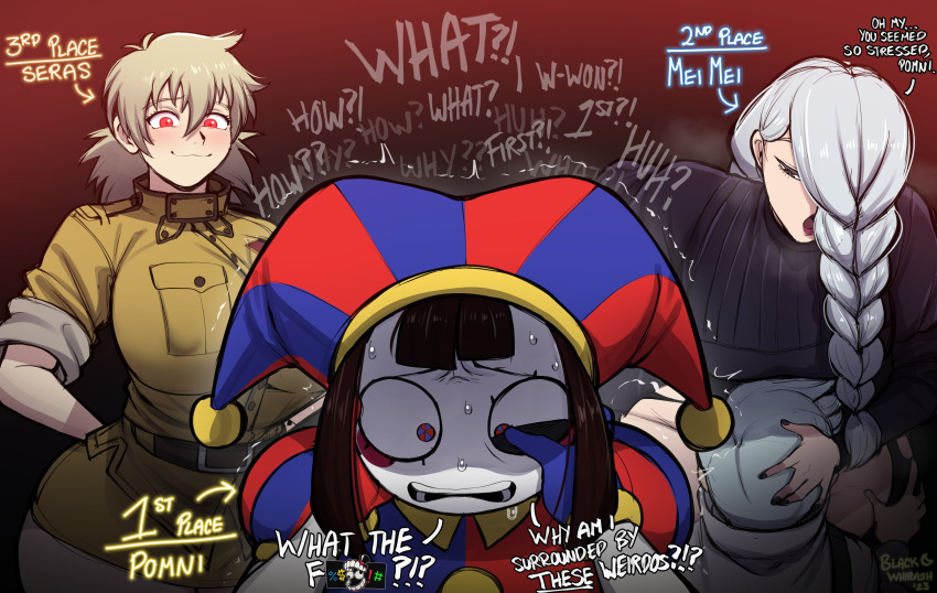 absurdres asymmetrical_gloves blackwhiplash blonde_hair blue_eyes blue_gloves blue_headwear blush_stickers braid braided_bangs braided_ponytail breasts brown_hair english_text gloves gradient_background hair_over_one_eye hat hat_bell hellsing highres implied_cunnilingus jester jester_cap jujutsu_kaisen large_breasts long_hair long_sleeves looking_at_viewer mei_mei_(jujutsu_kaisen) mismatched_gloves multicolored_clothes multicolored_headwear multiple_girls pomni_(the_amazing_digital_circus) ranking red_background red_eyes red_gloves red_headwear seras_victoria short_hair short_sleeves striped striped_headwear the_amazing_digital_circus two-tone_eyes ui_ui_(jujutsu_kaisen) uniform vertical-striped_headwear vertical_stripes white_hair
