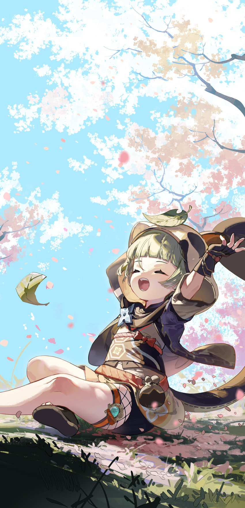 1girl absurdres animal_hood black_gloves blue_sky blunt_bangs cherry_blossoms closed_eyes fake_tail female_child fingerless_gloves genshin_impact gloves highres hood leaf open_mouth petals rafaelaaa sayu_(genshin_impact) short_bangs short_sleeves shorts sky solo tail yawning