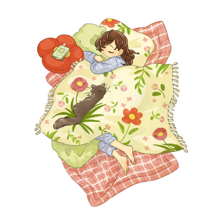 1girl animal barefoot black_cat blanket blanket_hug blue_pajamas blue_pants blue_shirt book bookmark brown_hair cat closed_eyes covered_mouth dot_nose floral_print fringe_trim full_body hair_behind_ear highres long_hair long_sleeves lying monaka_(siromona) object_hug on_side original pajamas pants pet pillow plaid print_pajamas print_pillow shirt simple_background sleeping solo swept_bangs tassel u_u under_covers white_background