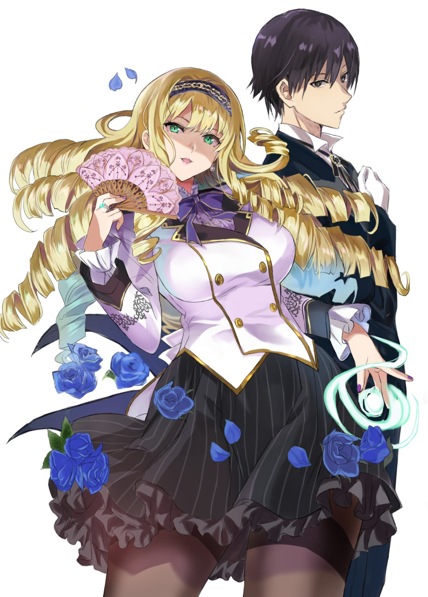 1boy 1girl black_pantyhose blonde_hair blue_flower blue_rose butler drill_hair flower formal frilled_skirt frills green_eyes hand_fan highres holding holding_fan isabella_valiars long_hair pantyhose ribbon rose school_uniform shaa skirt smile suit tuxedo uchi_no_ojou-sama_no_hanashi_wo_kiitekure_akuyaku_reijou_kouryaku_kiroku