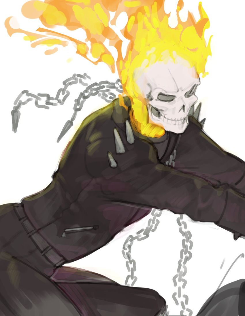 2023 absurd_res animated_skeleton belt bone bottomwear chain clothed clothing digital_media_(artwork) elemental_creature elemental_humanoid fire fire_creature fire_humanoid fully_clothed ghost_rider hi_res humanoid jacket kogito male marvel not_furry pants pose skeleton skull solo teeth topwear undead white_body