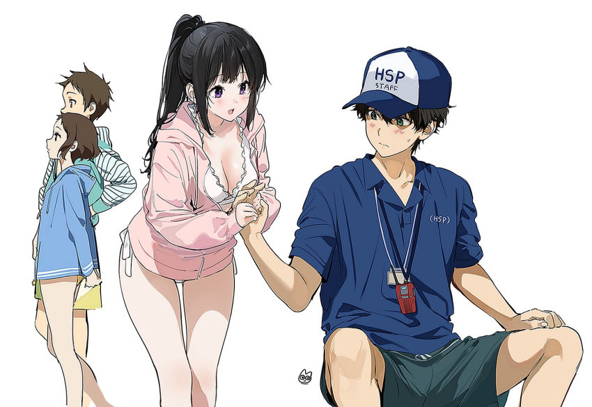 artist_logo bikini black_hair blush breasts chitanda_eru cleavage closed_mouth fukube_satoshi green_eyes highres holding_hands hyouka ibara_mayaka jacket mery_(yangmalgage) oreki_houtarou short_hair simple_background swimsuit thighs white_background