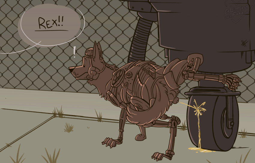 2022 absurd_res anatomically_correct anatomically_correct_genitalia anatomically_correct_penis animal_genitalia animal_penis balls beady_eyes bethesda_softworks bodily_fluids canid canine canine_genitalia canine_penis canis chain-link_fence cyberdog_(fallout) cybernetic_leg cybernetic_limb cybernetic_spine cybernetic_torso cybernetics cyborg_dog dialogue domestic_dog exclamation_point fallout fallout_nv fence feral feral_focus fur genital_fluids genitals german_shepherd grass herding_dog hi_res hiked_leg littlestfuzz machine male male_peeing mammal marking_territory offscreen_character outside pastoral_dog paws peeing peeing_on_another peeing_on_robot penis penis_tip plant quadruped raised_leg rex_(fallout) robot scolding securitron_(fallout) sheath simple_background solo_focus talking_to_another urine urine_on_ground urine_pool urine_stream watersports wheel