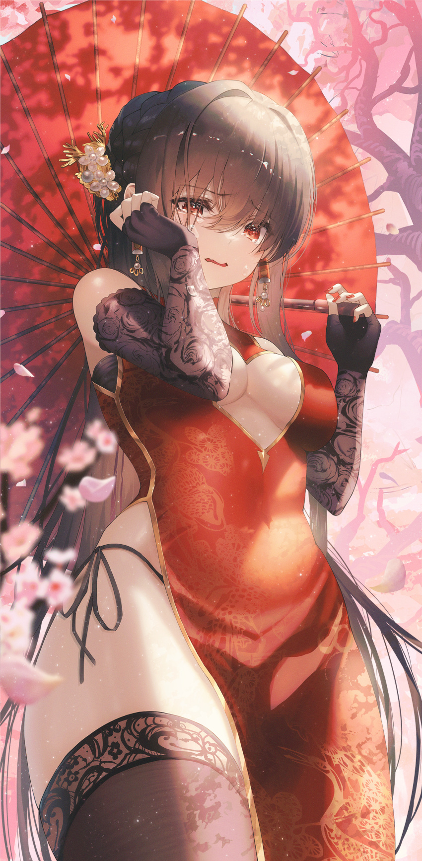 1girl absurdres bare_shoulders black_gloves blush breasts brown_thighhighs china_dress chinese_clothes cleavage cleavage_cutout clothing_cutout cowboy_shot crying dress elbow_gloves fingerless_gloves flower gloves gold_trim hair_between_eyes hair_ornament hands_up highres holding holding_umbrella long_hair looking_at_viewer medium_breasts oil-paper_umbrella original outdoors panties pelvic_curtain red_dress red_eyes robe side-tie_panties side-tie_peek side_slit sleeveless sleeveless_dress solo standing thighhighs thighs umbrella underwear uneven_eyes zain_(jiha3905)