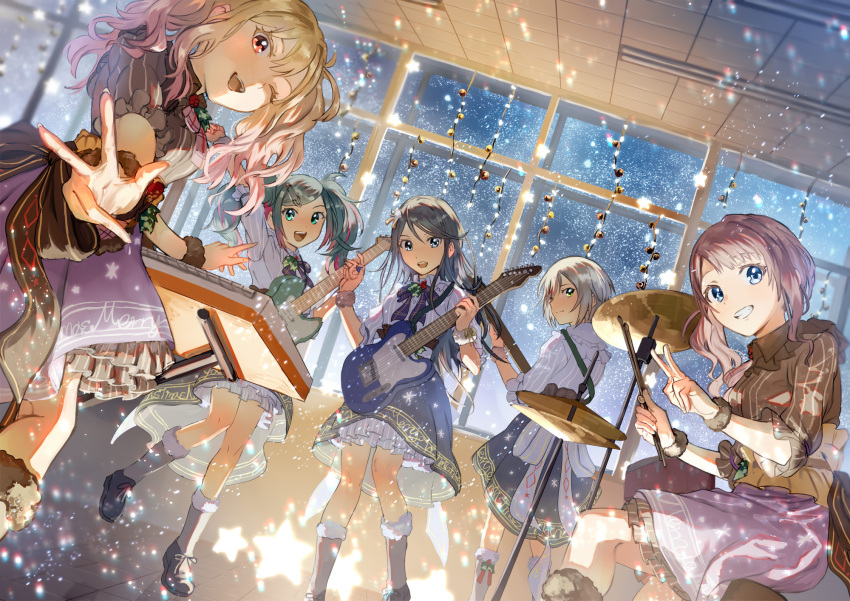 5girls aqua_eyes bass_guitar blonde_hair blue_bow blue_bowtie blue_eyes blue_hair blue_skirt bow bowtie bracelet brown_hair brown_shirt christmas commentary drum drum_set drumsticks electric_guitar green_eyes green_hair grey_hair grin guitar hatsune_miku highres hinomori_shiho holding holding_drumsticks hoshino_ichika_(project_sekai) indoors instrument jewelry leo/need_(project_sekai) leo/need_miku long_hair long_sleeves looking_at_viewer mochizuki_honami multicolored_hair multiple_girls omicos open_mouth petticoat pink_hair project_sekai purple_shirt shirt short_hair side_ponytail skirt smile snow streaked_hair tenma_saki twintails v vocaloid w white_shirt window wrist_cuffs