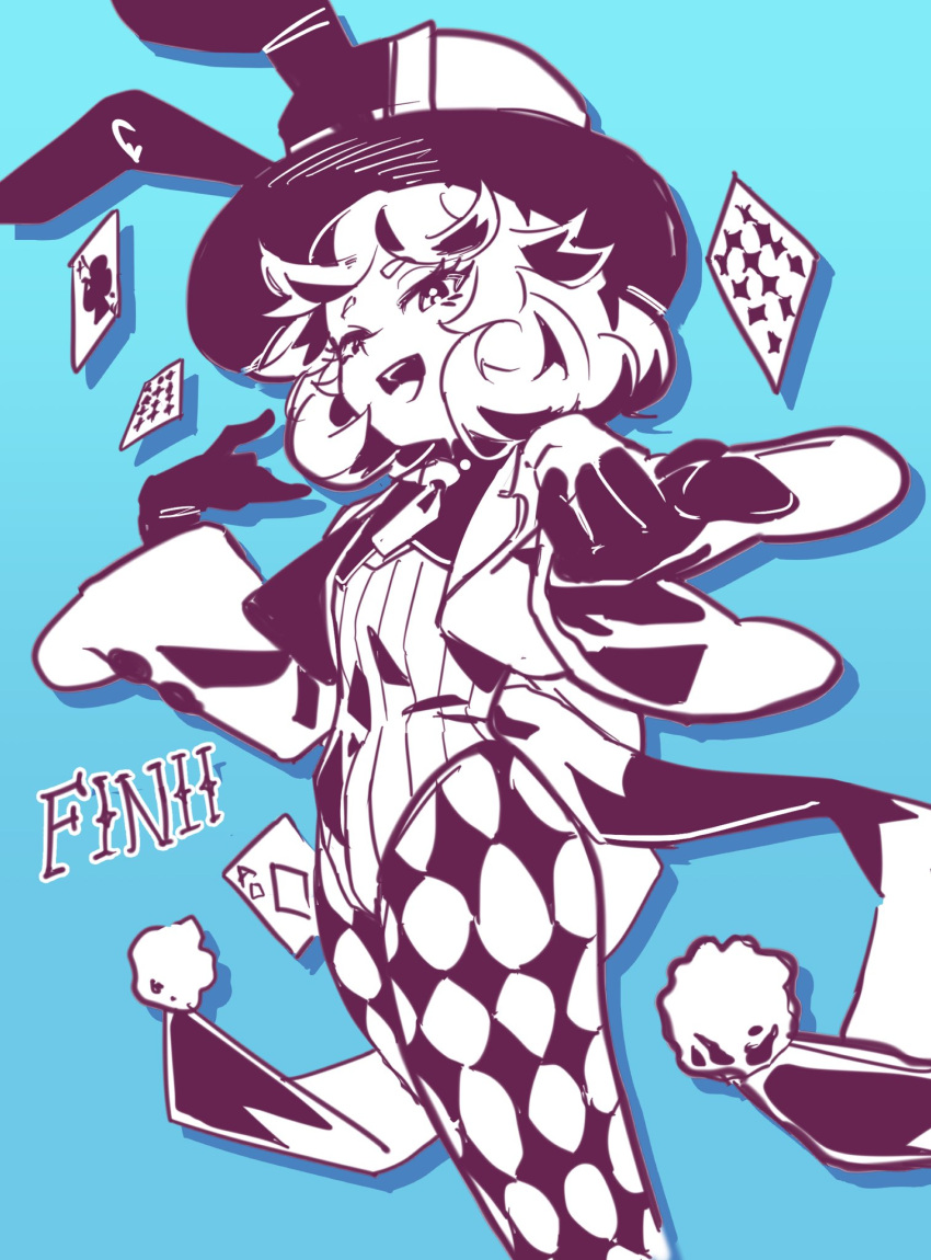 1girl animal_ears blue_background bow buttons card card_in_hat character_name chuhoody finii_(omega_strikers) gloves hat highres leotard looking_at_viewer magician necktie omega_strikers open_mouth playing_card pointing rabbit_ears simple_background solo staff standing top_hat