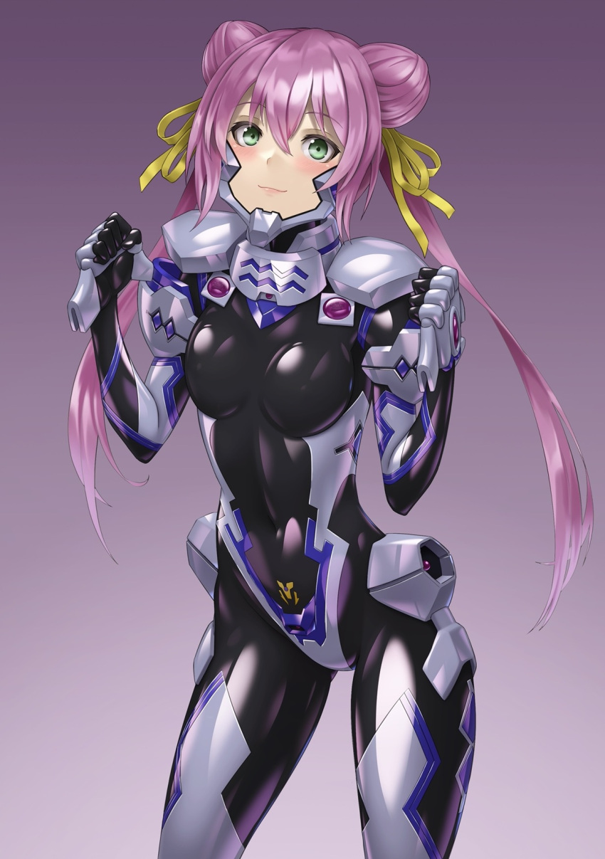 1girl black_bodysuit black_gloves blush bodysuit breasts clenched_hands covered_navel double_bun fortified_suit gloves gradient_background green_eyes hair_between_eyes hair_bun hair_ribbon highres kurione_(zassou) long_hair looking_at_viewer muvluv muvluv_alternative muvluv_alternative_(anime) pilot_suit pink_hair purple_background ribbon skin_tight small_breasts smile solo tamase_miki very_long_hair yellow_ribbon