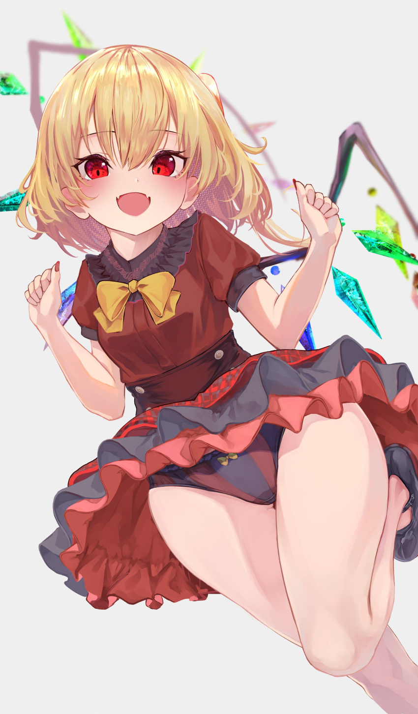 1girl absurdres black_footwear black_panties blonde_hair blush crystal dress fangs fingernails flandre_scarlet foot_out_of_frame hair_between_eyes highres long_hair nail_polish one_side_up open_mouth panties r_utchi red_dress red_eyes red_nails red_panties shoes short_sleeves simple_background skin_fangs smile solo striped striped_panties touhou underwear vertical-striped_panties vertical_stripes white_background wings