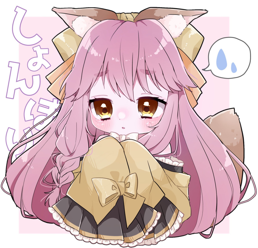 1girl animal_ears blush bow braided_sidelock chibi commentary_request fate/samurai_remnant fate_(series) fox_ears fox_girl fox_tail highres japanese_clothes kimono long_hair looking_to_the_side mochan parted_lips pink_hair sleeves_past_fingers sleeves_past_wrists solo spoken_sweatdrop sweatdrop tail tamamo_(fate) tamamo_aria two-tone_background white_bow yellow_kimono