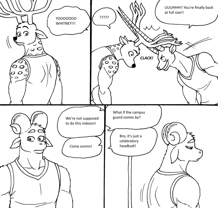 2023 antelope anthro antlers bernielover bernielover's_college_au bovid caprine clothed clothing comic deer devon_(bernielover) dialogue english_text fur grin group hi_res horn male mammal sad shirt smile speech_bubble spots spotted_body spotted_fur tank_top text topwear trio whitney_(bernielover)