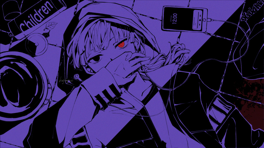 1girl absurdres black_eyes blood blood_splatter blunt_bangs cellphone cloud_nine_inc collarbone commentary_request earphones english_text film_grain heterochromia highres hood hood_up jacket kagerou_project kajiwara_3 long_hair looking_at_viewer lying on_back open_clothes open_jacket phone purple_theme red_eyes signature smartphone solo spot_color utaite yoshino_(utaite)