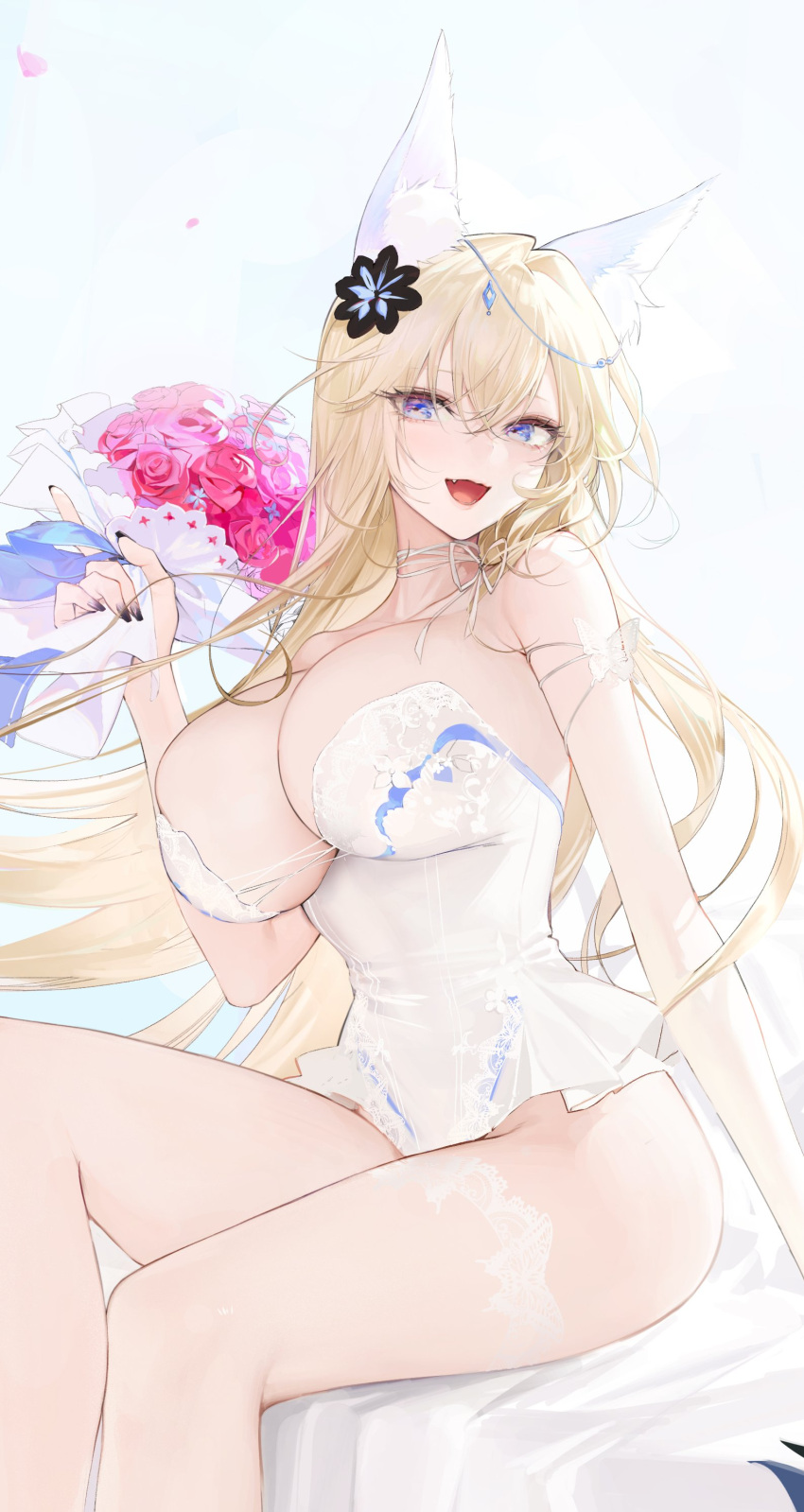 1girl absurdres animal_ear_fluff animal_ears blonde_hair blue_eyes blush bouquet breasts character_request cleavage copyright_request dress flower fox_ears fox_girl hair_ornament highres large_breasts long_hair looking_at_viewer nail_polish open_mouth oyabuli see-through short_dress simple_background smile solo thighhighs white_background white_dress white_thighhighs