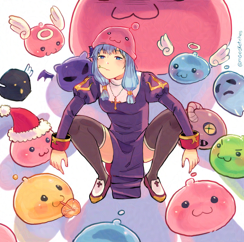 1girl :3 absurdres angel_wings angeling archangeling blue_eyes blue_hair breasts brown_footwear brown_thighhighs closed_mouth commentary cross cross_necklace deviling dress drinking_straw drops_(ragnarok_online) english_commentary expressionless full_body fur-trimmed_headwear fur_trim ghostring glaze_protected_image habit hair_tubes halo hat highres jewelry juliet_sleeves long_sleeves looking_at_viewer mango_(mgosketches) marin_(ragnarok_online) mastering medium_bangs medium_breasts medium_hair metaling mouth_hold necklace orange_juice pelvic_curtain poporing poring priest_(ragnarok_online) puffy_sleeves purple_dress ragnarok_online red_headwear santa_hat shoes sidelocks skeggiold_(ragnarok_online) slime_(creature) squatting stalk_in_mouth thighhighs wings