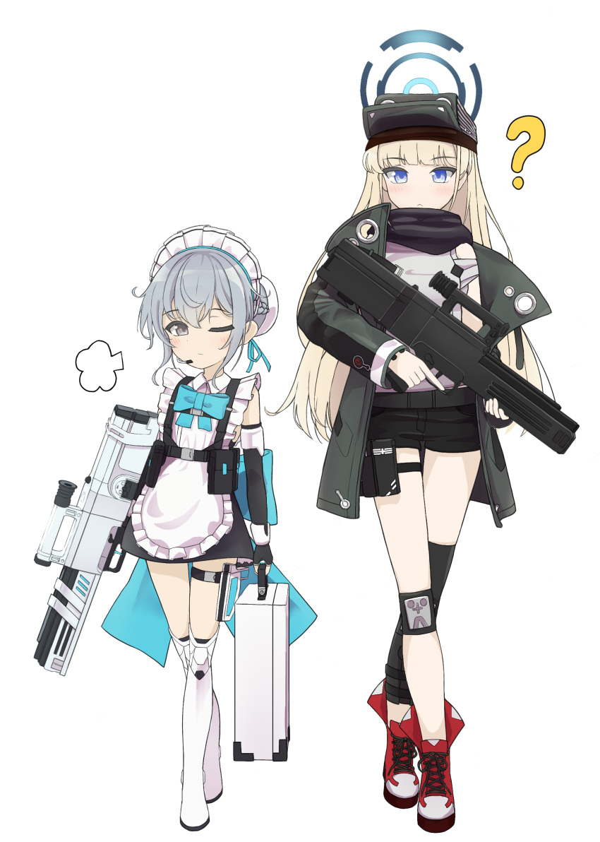 2girls ? absurdres alternate_costume apron aqua_bow assault_rifle asymmetrical_legwear black_shorts blue_archive boots bow briefcase coat cosplay costume_switch crossover dhk117 earpiece fingerless_gloves full_body g11_(girls'_frontline) g11_(girls'_frontline)_(cosplay) girls'_frontline gloves grey_hair gun h&amp;k_g11 halo hat highres holding holding_briefcase holding_gun holding_weapon knee_pads maid maid_apron maid_headdress multiple_girls one_eye_closed rifle scarf short_shorts shorts standing thigh_pouch toki_(blue_archive) toki_(blue_archive)_(cosplay) trigger_discipline weapon white_background