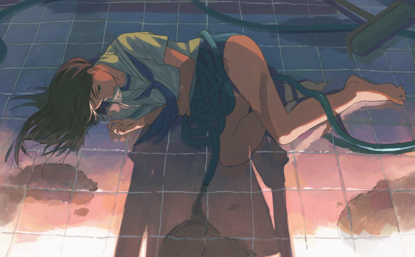 1girl barefoot blue_neckerchief brown_hair cleaning_brush closed_mouth english_commentary hair_spread_out highres hose looking_at_viewer lying medium_hair neckerchief noword on_side original pov sailor_collar school_uniform serafuku shadow short_sleeves solo swimsuit swimsuit_under_clothes tile_floor tiles white_sailor_collar white_serafuku
