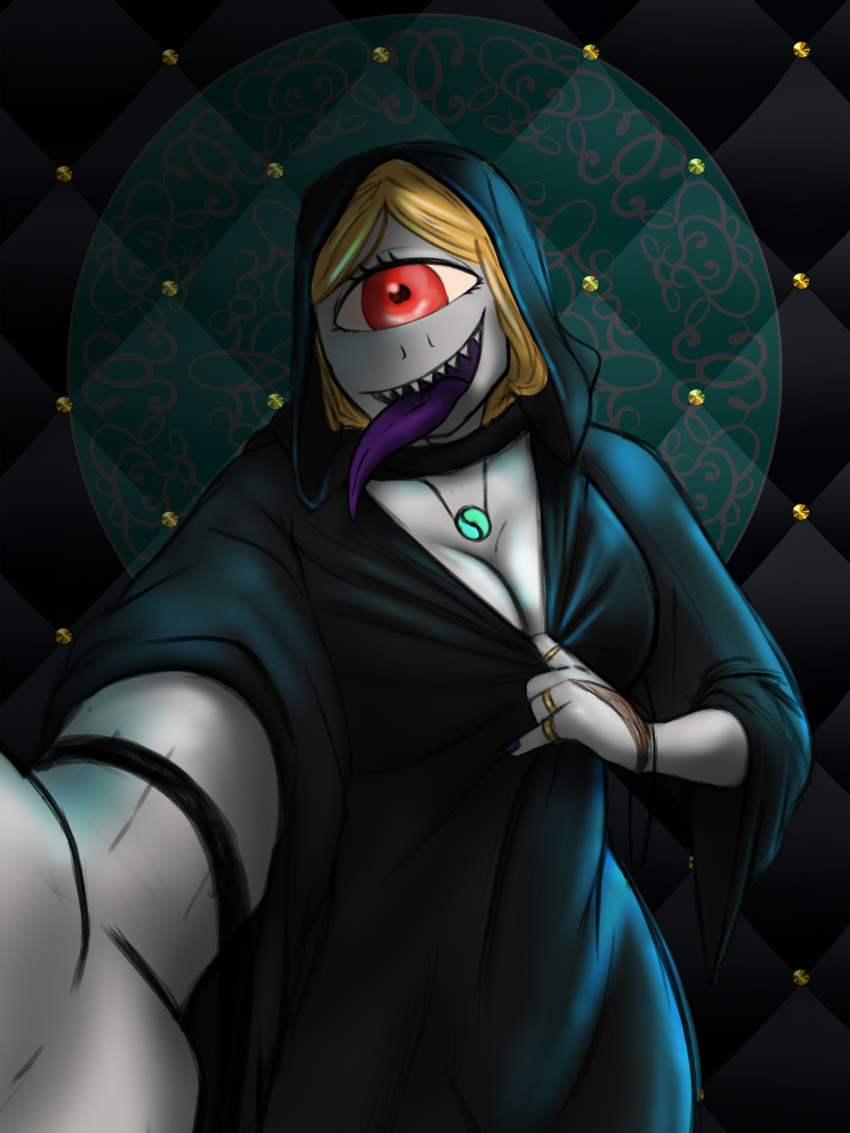absurd_res androidz blonde_hair breasts cleavage clothed clothing cyclops down_blouse female grey_body grey_skin hair hi_res hoodie humanoid jewelry necklace red_eyes ring robe selfie sharp_teeth solo teeth tongue tongue_out topwear