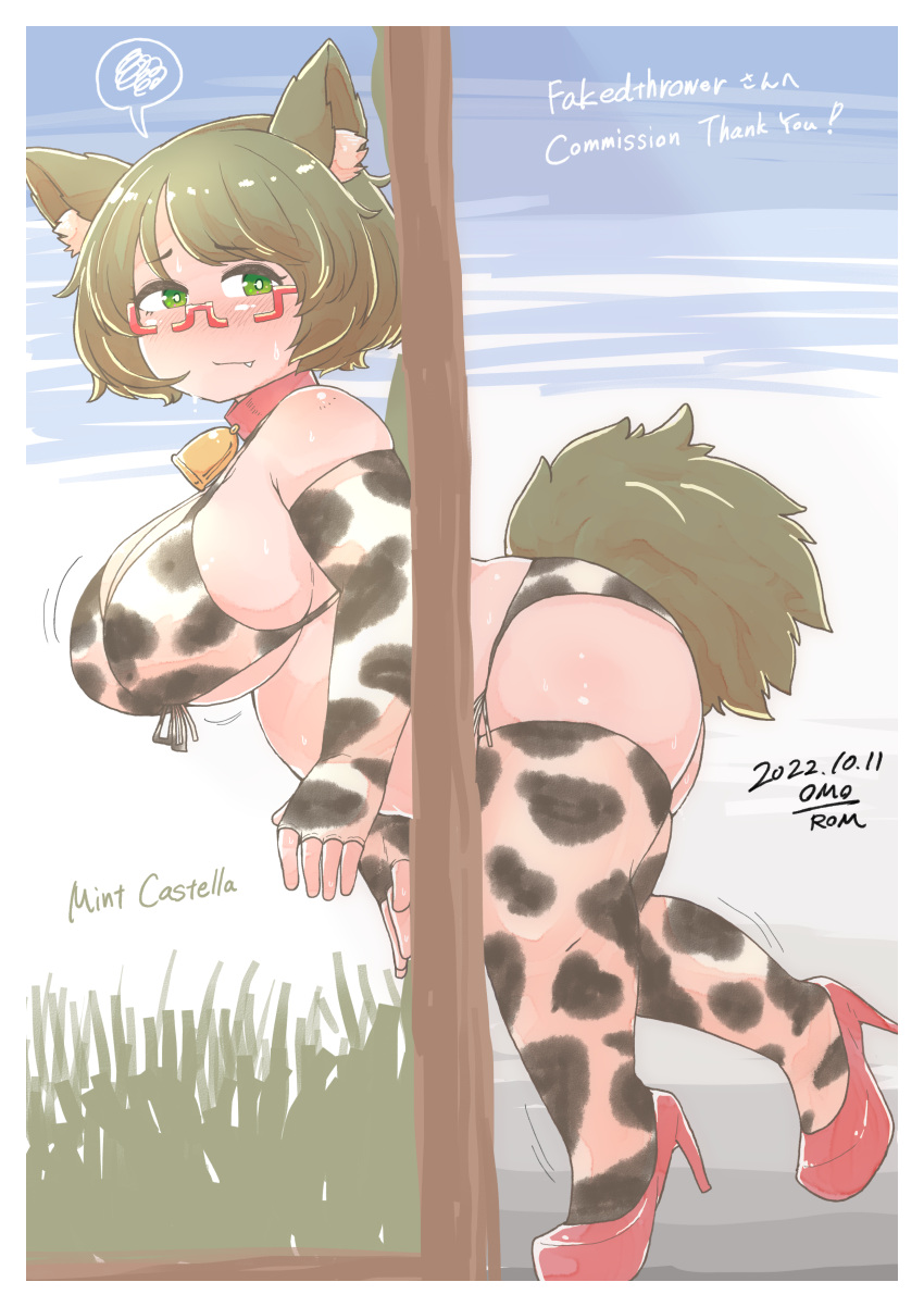 1girl absurdres animal_ear_fluff animal_ears animal_print artist_name bare_shoulders bell bikini blush border breasts character_name closed_mouth collar commission cow_print cowbell dated dog_girl elbow_gloves english_text fang fingerless_gloves full_body glasses gloves green_eyes green_hair high_heels highres huge_breasts indie_virtual_youtuber looking_at_viewer mint_castella neck_bell no_nose omo-rom outdoors plump print_legwear red-framed_eyewear semi-rimless_eyewear side-tie_bikini_bottom skeb_commission solo spoken_squiggle squiggle standing standing_on_one_leg stuck sweat swimsuit tail tareme thick_thighs thighhighs thighs through_wall virtual_youtuber white_border