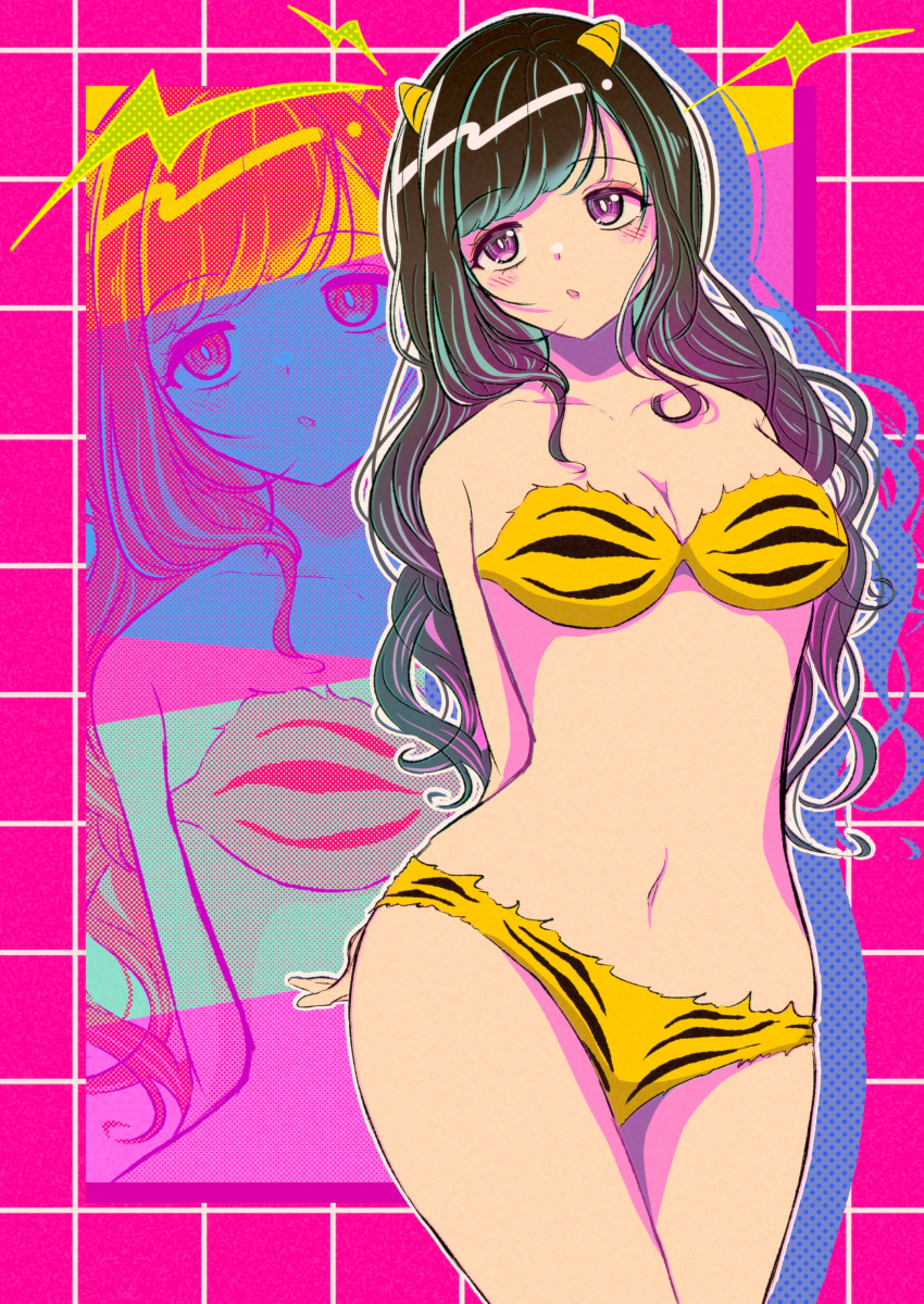 1girl absurdres animal_print arms_behind_back bare_shoulders bikini black_hair bokisugorocu breasts bright_pupils cleavage collarbone eyeshadow green_hair head_tilt highres horns leaning_to_the_side lightning_bolt_symbol long_hair looking_to_the_side lum makeup medium_breasts multicolored_hair navel pink_eyeshadow purple_eyes solo strapless strapless_bikini streaked_hair swimsuit tiger_print urusei_yatsura very_long_hair white_pupils yellow_bikini zoom_layer